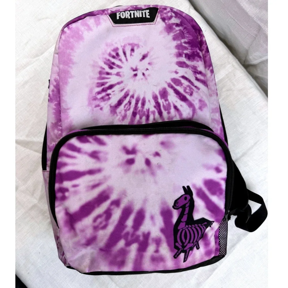 Fortnite Loot Llama Tie Dye Backpack Purple Skeleton Graphic Kids School Bag EUC